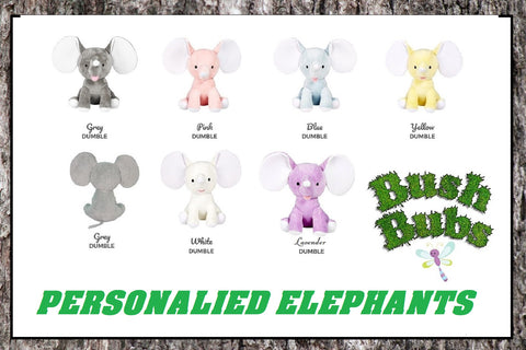 Personalised Plush Elephants pink, blue, purple, grey, yellow